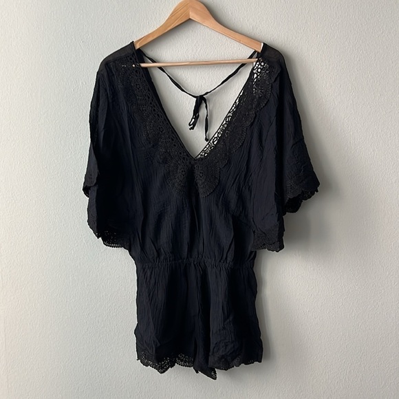 Eberjey Sol Lace Trim Liberty Romper 100% Cotton Swim Coverup in Black Size S/M - Picture 2 of 6